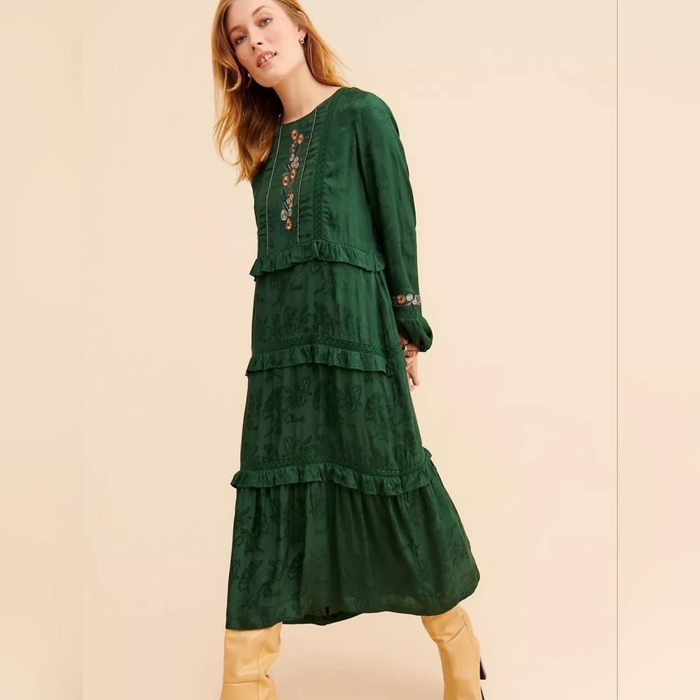 Anthropologie dRA Cedric Embroidered Floral Tiered Midi Dress Size XS